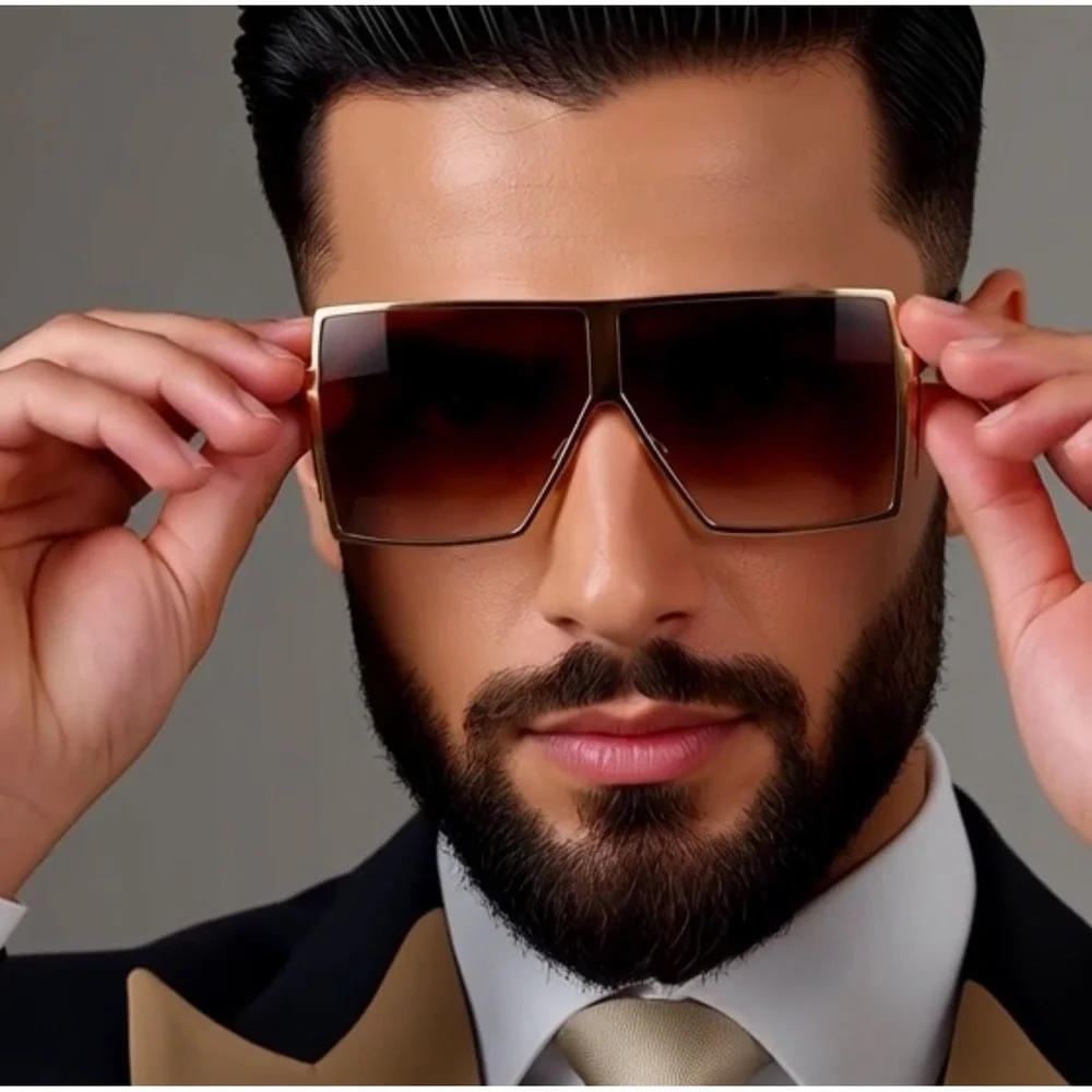 Oversized Square Sunglasses‎ Men Gold Frame Gradient Brown Lenses Fashion Shades